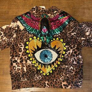 Cheetah Print Bleached Third Eye Sequin Jean Canvas Jacket Boutique NWT